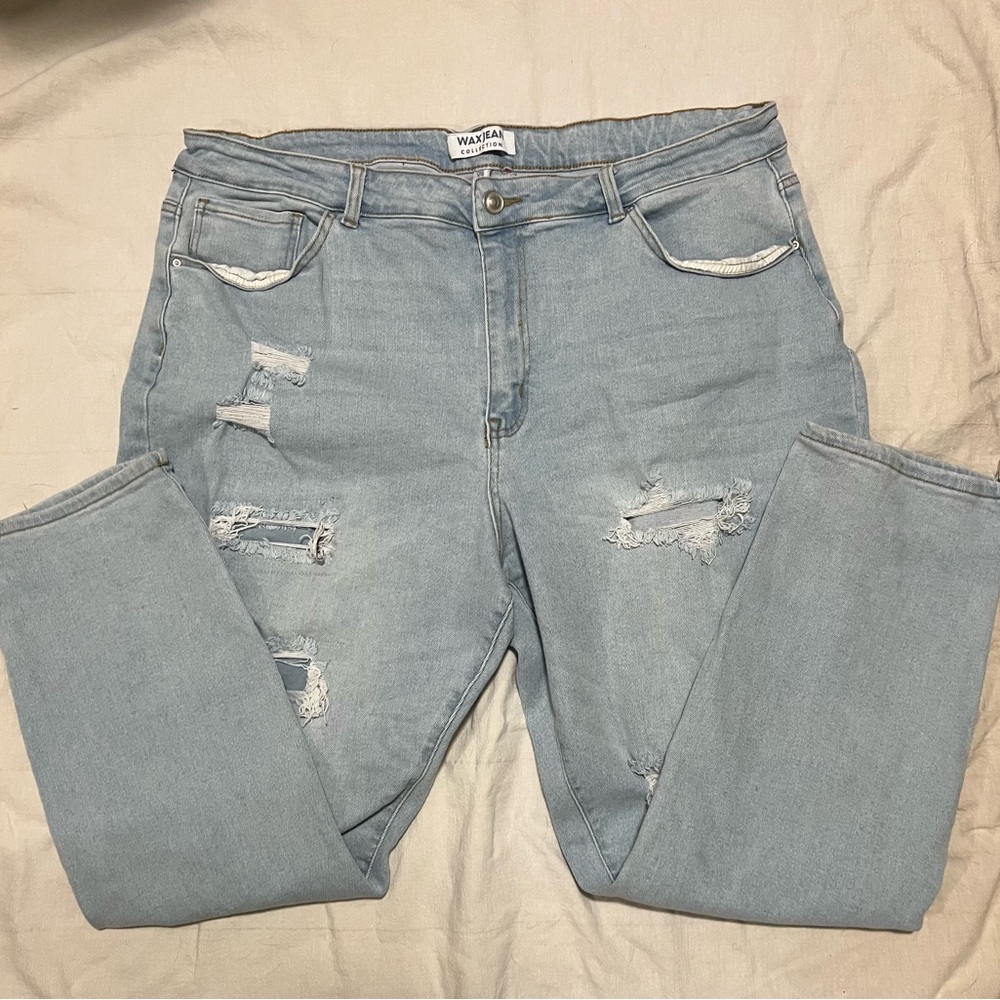 Wax Jean Collection Denim Distressed Ripped Jeans Mid Rise Light Wash. Size 20